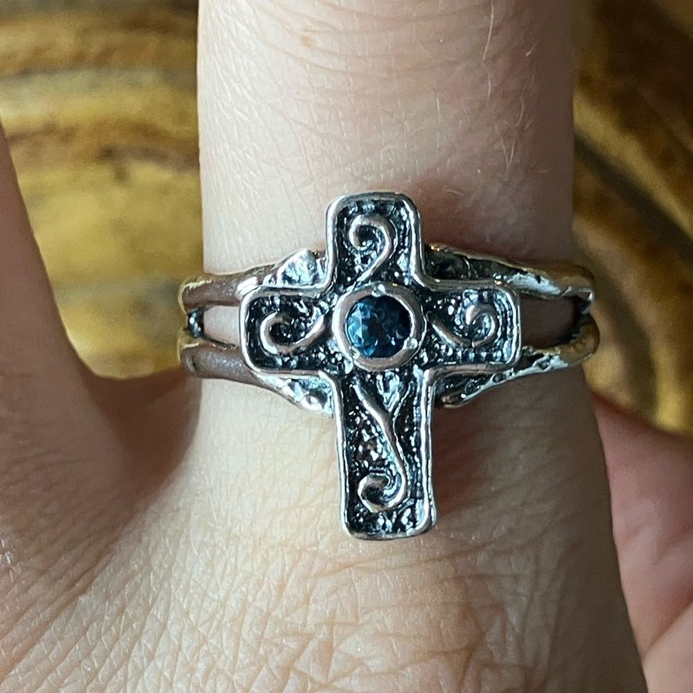 Natural London Blue Topaz Sterling Silver Cross Ring Size 10.25